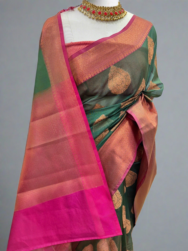 Bottle Green Cotton Silk Brocade Banarasi Saree