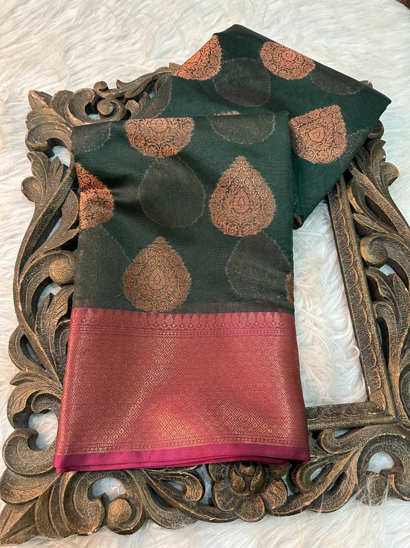 Bottle Green Cotton Silk Brocade Banarasi Saree