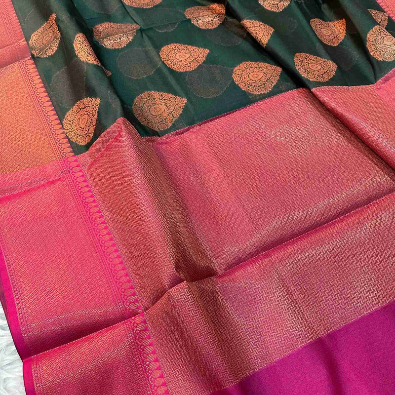 Bottle Green Cotton Silk Brocade Banarasi Saree