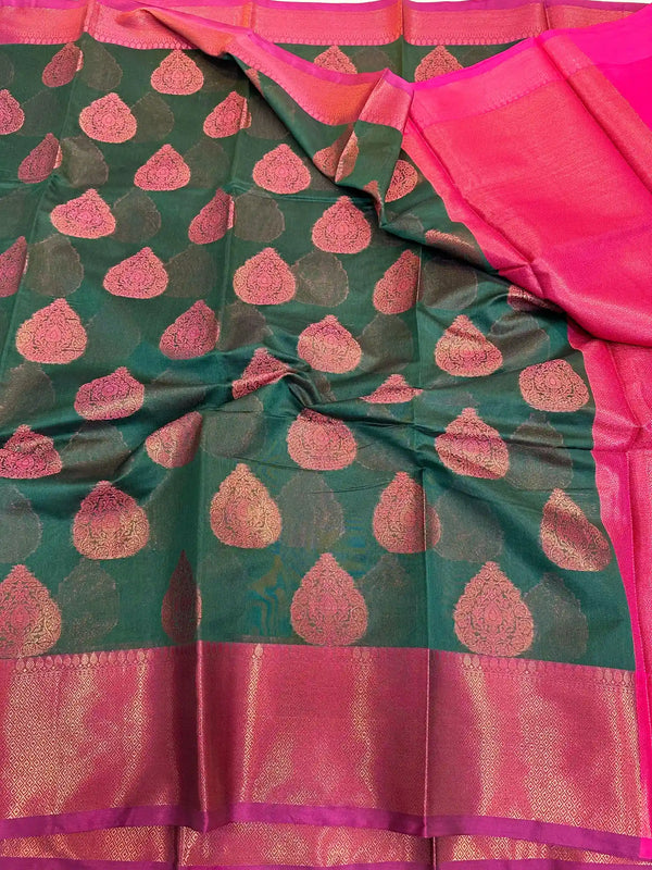 Bottle Green Cotton Silk Brocade Banarasi Saree