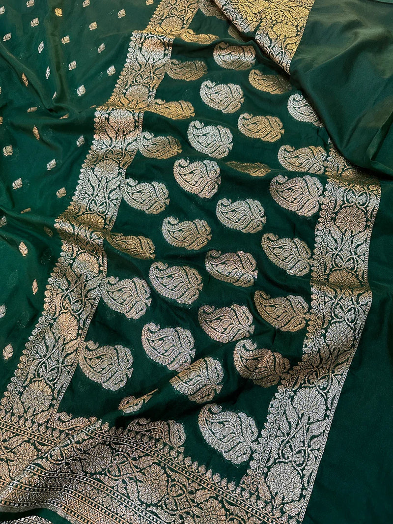 Bottle Green Katan Silk Buti Banarasi Saree