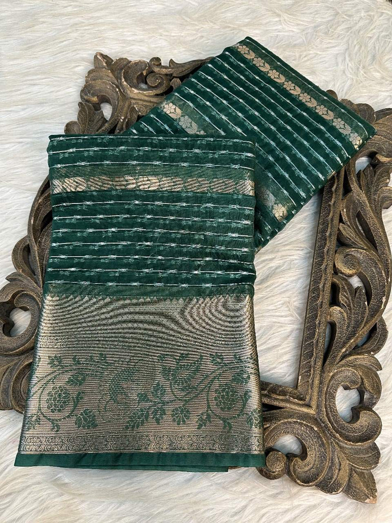 Bottle Green Organza Silk Zari Embossed Banarasi Saree