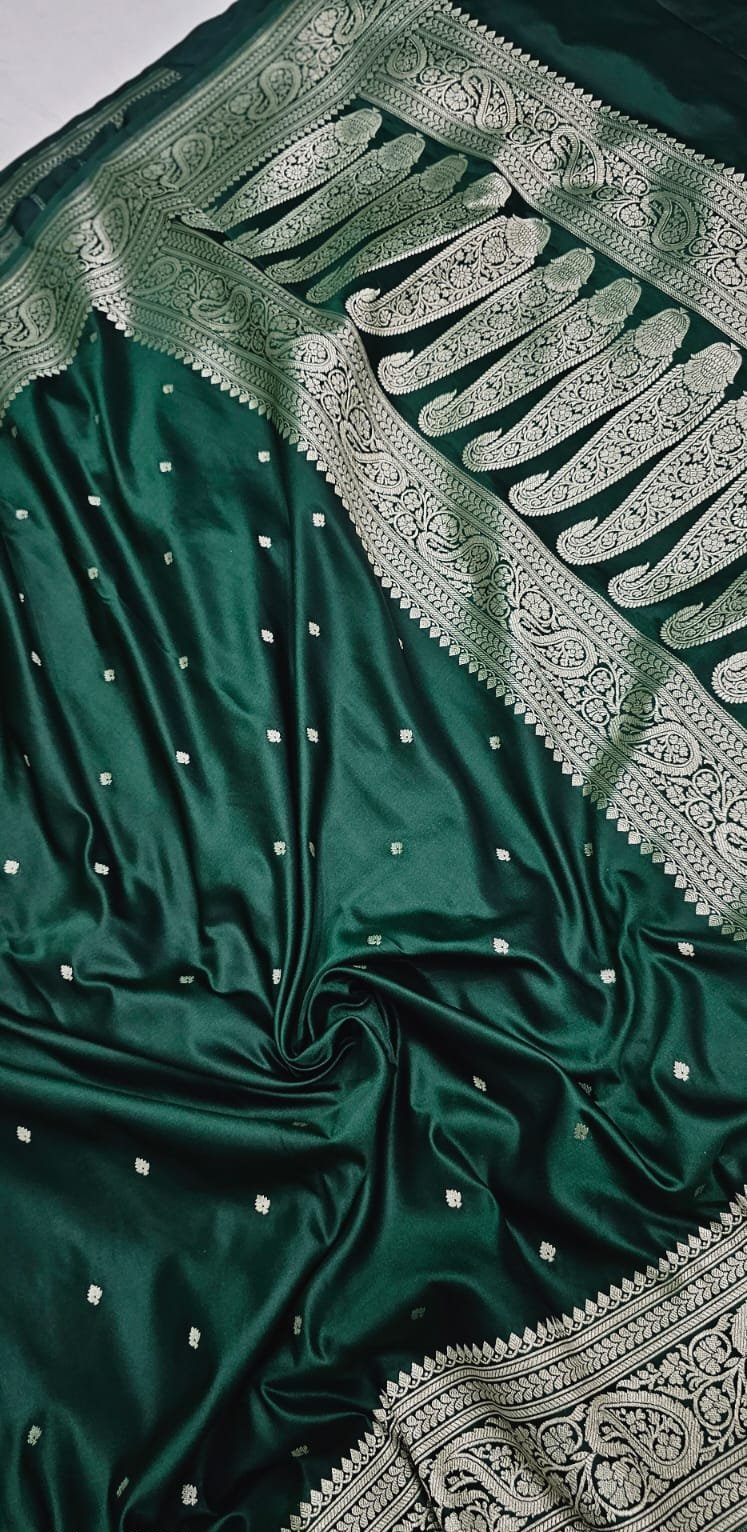 Bottle Green Premium Mashru Katan Silk Banarasi Saree