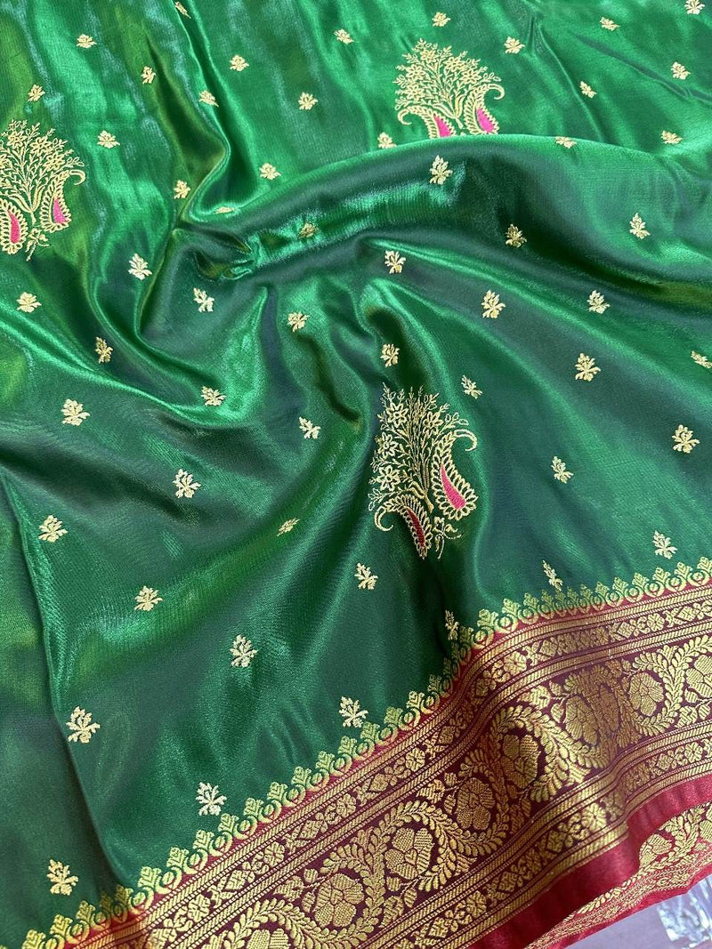 Bottle Green Satin Silk Embroidered saree