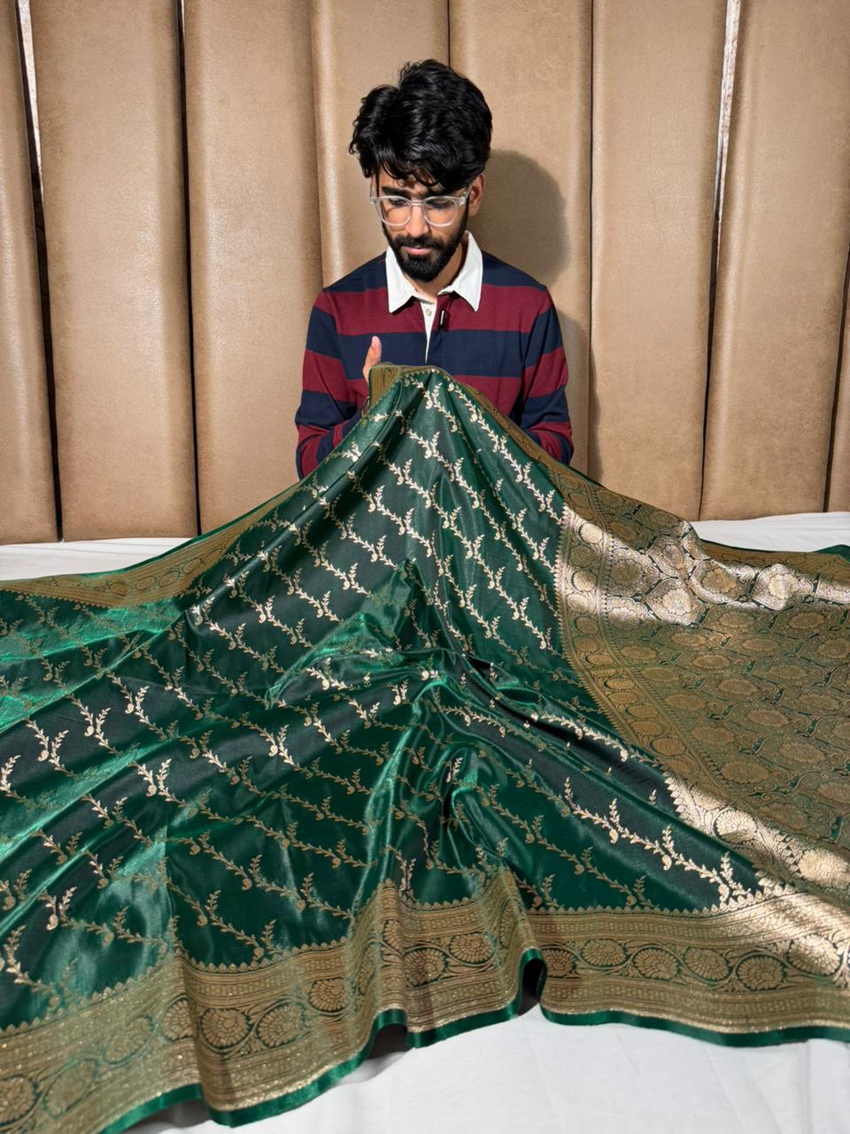 Bottle Green Satin Silk Intricate Banarasi Saree