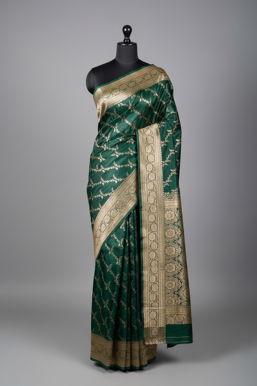 Bottle Green Satin Silk Intricate Banarasi Saree