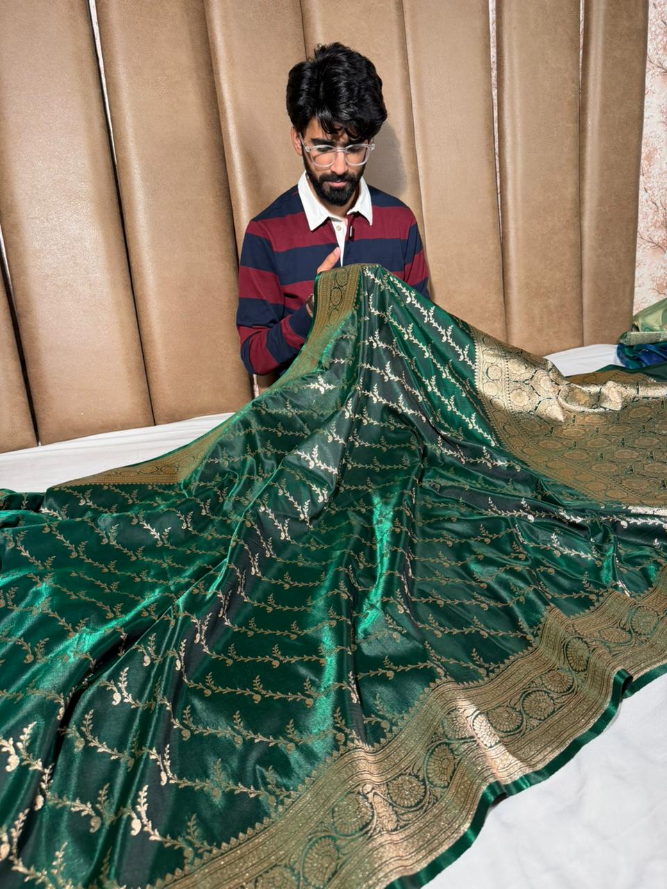 Bottle Green Satin Silk Intricate Banarasi Saree