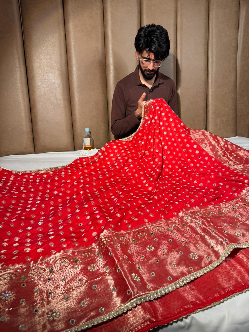 Bridal Red Chinia Silk Banarasi Mirror Work Saree