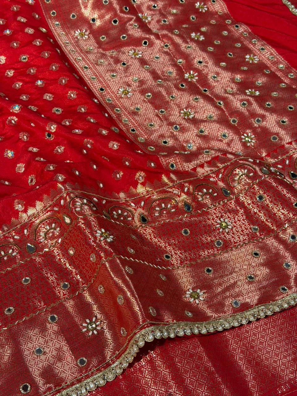 Bridal Red Chinia Silk Banarasi Mirror Work Saree