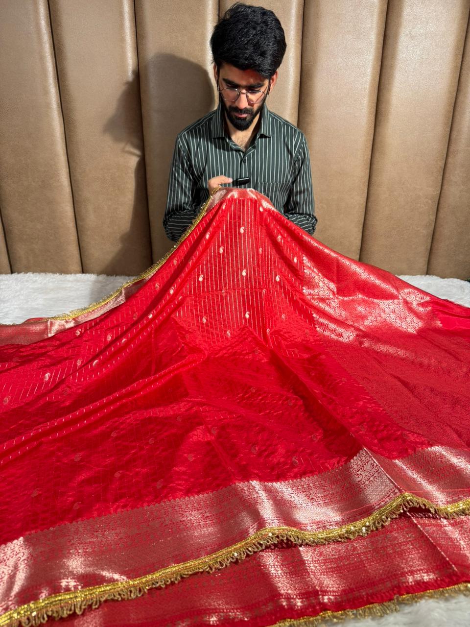 Bridal Red Chinia Silk Designer Lace Work Banarasi saree