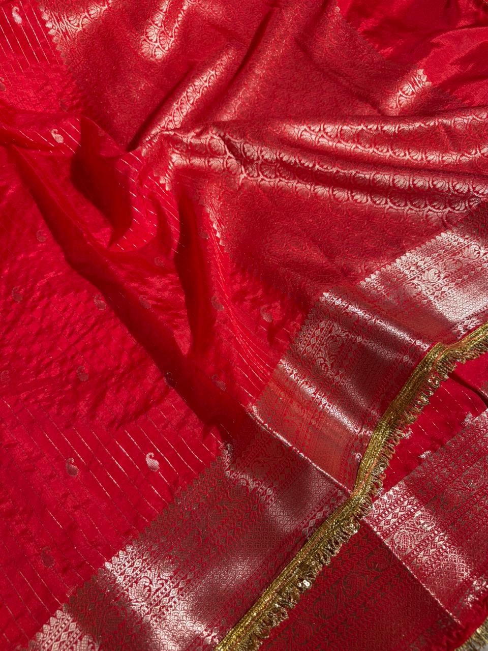 Bridal Red Chinia Silk Designer Lace Work Banarasi saree