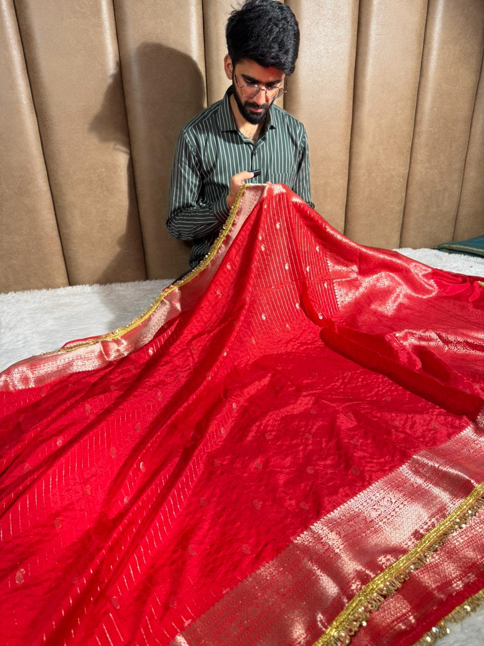 Bridal Red Chinia Silk Designer Lace Work Banarasi saree