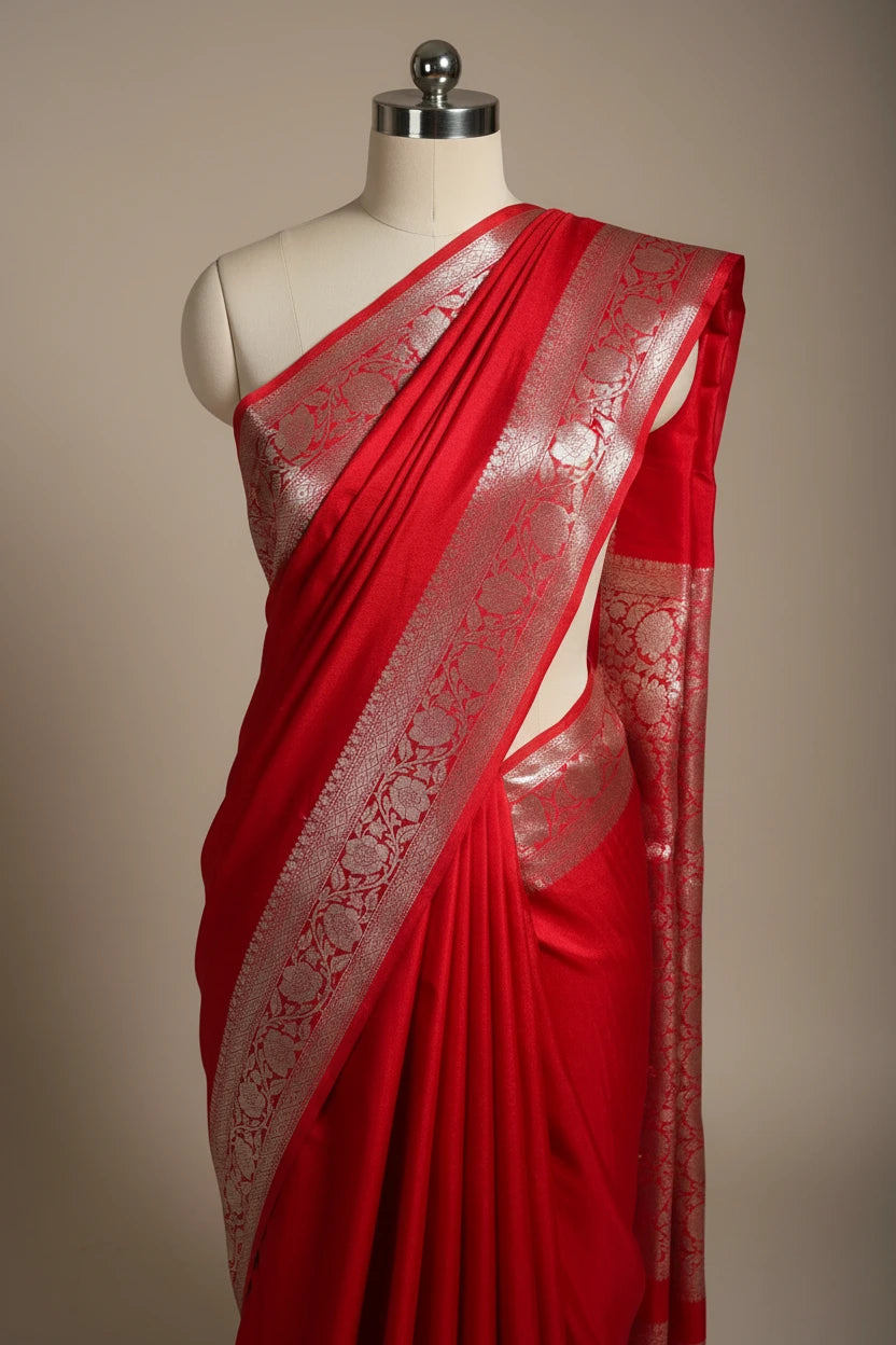 Bridal Red Chiniya Silk Beautiful Banarasi Saree