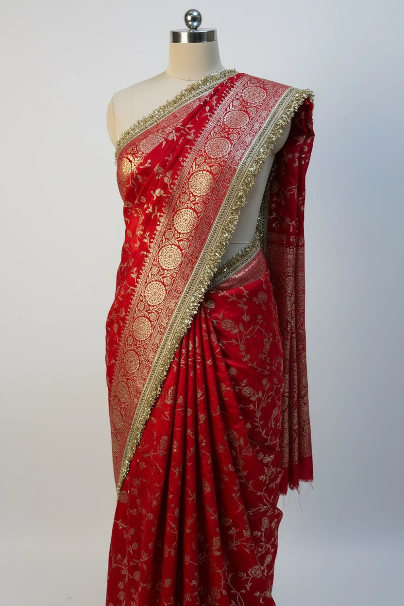 Bridal Red Chiniya Silk Designer Lace Attached Banarasi Saree