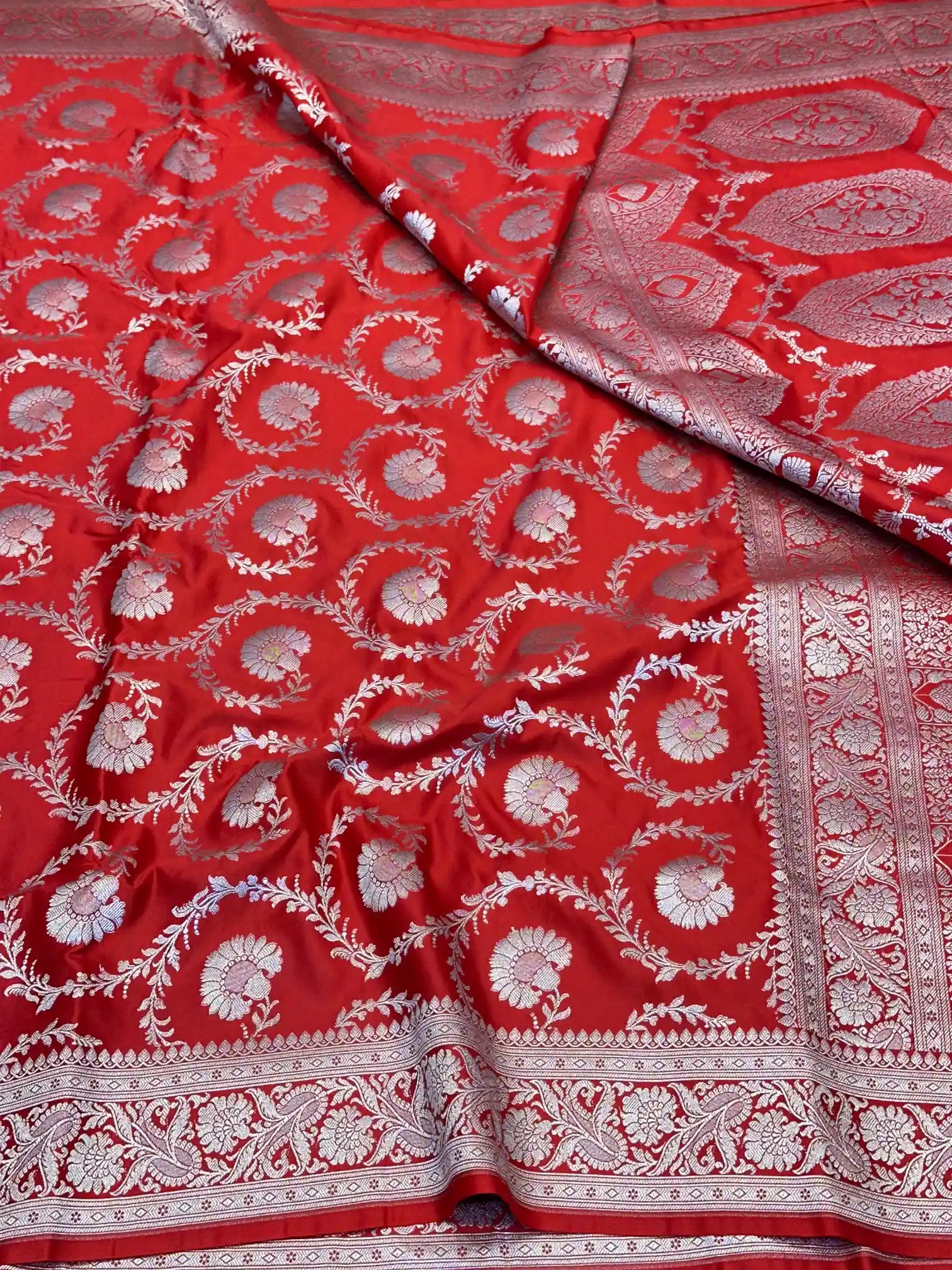 Bridal Red Floral Jaal Weave Mashru Katan Silk Saree