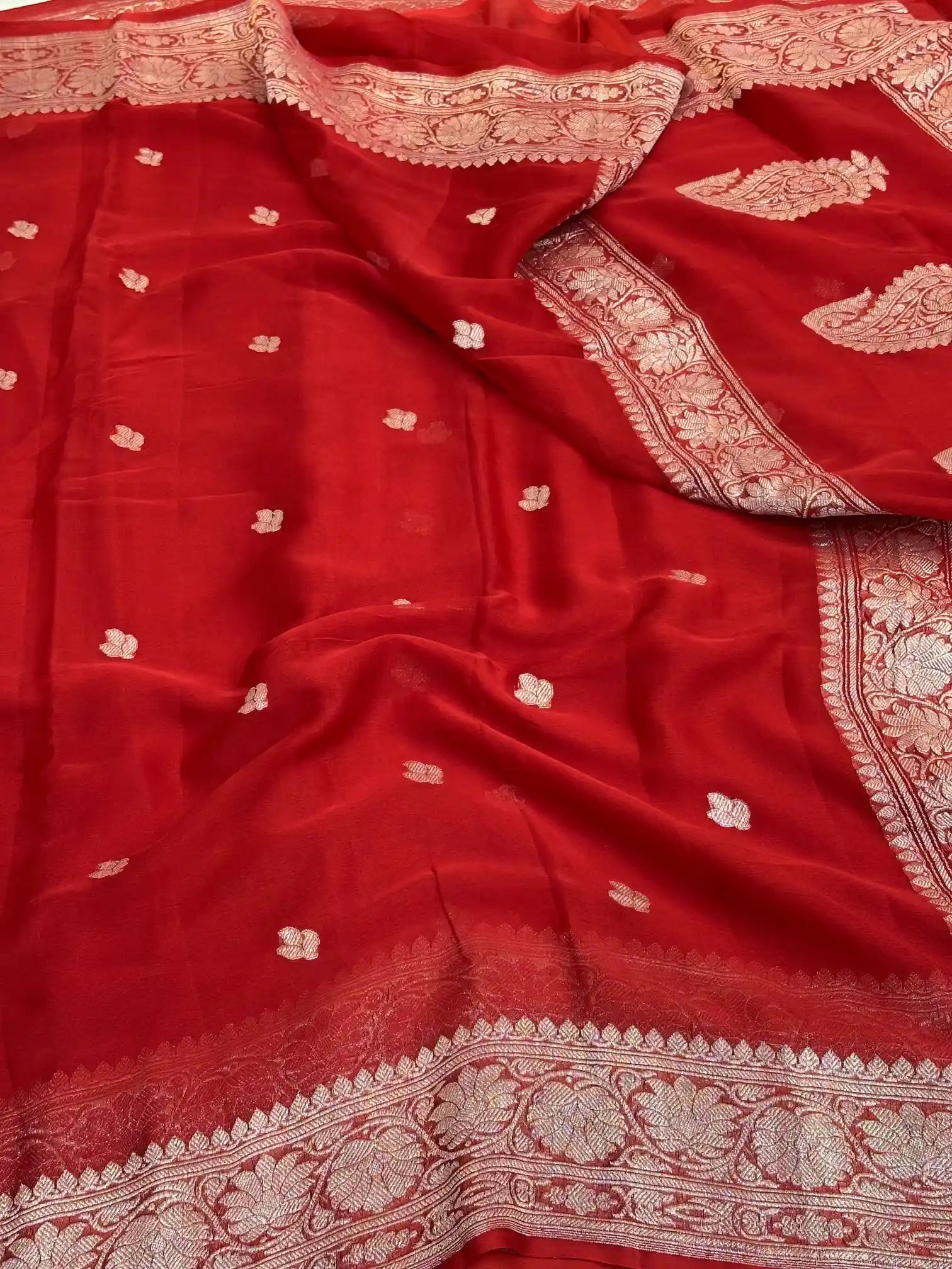 Bridal Red Handwoven Pure Khaddi Chiffon Banarasi Saree