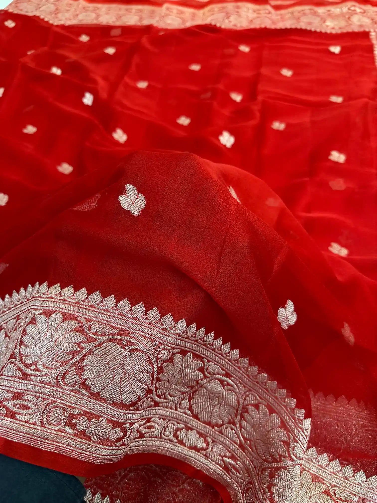 Bridal Red Handwoven Pure Khaddi Chiffon Banarasi Saree