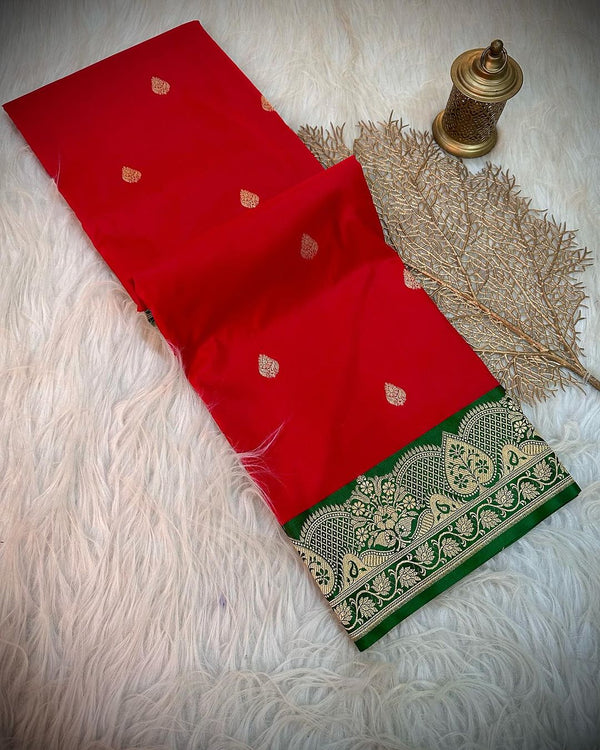Bridal Red Katan Silk Handloom Banarasi Saree
