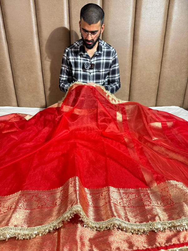 Bridal Red Kora Organza Silk Designer Lace Work Banarasi Saree
