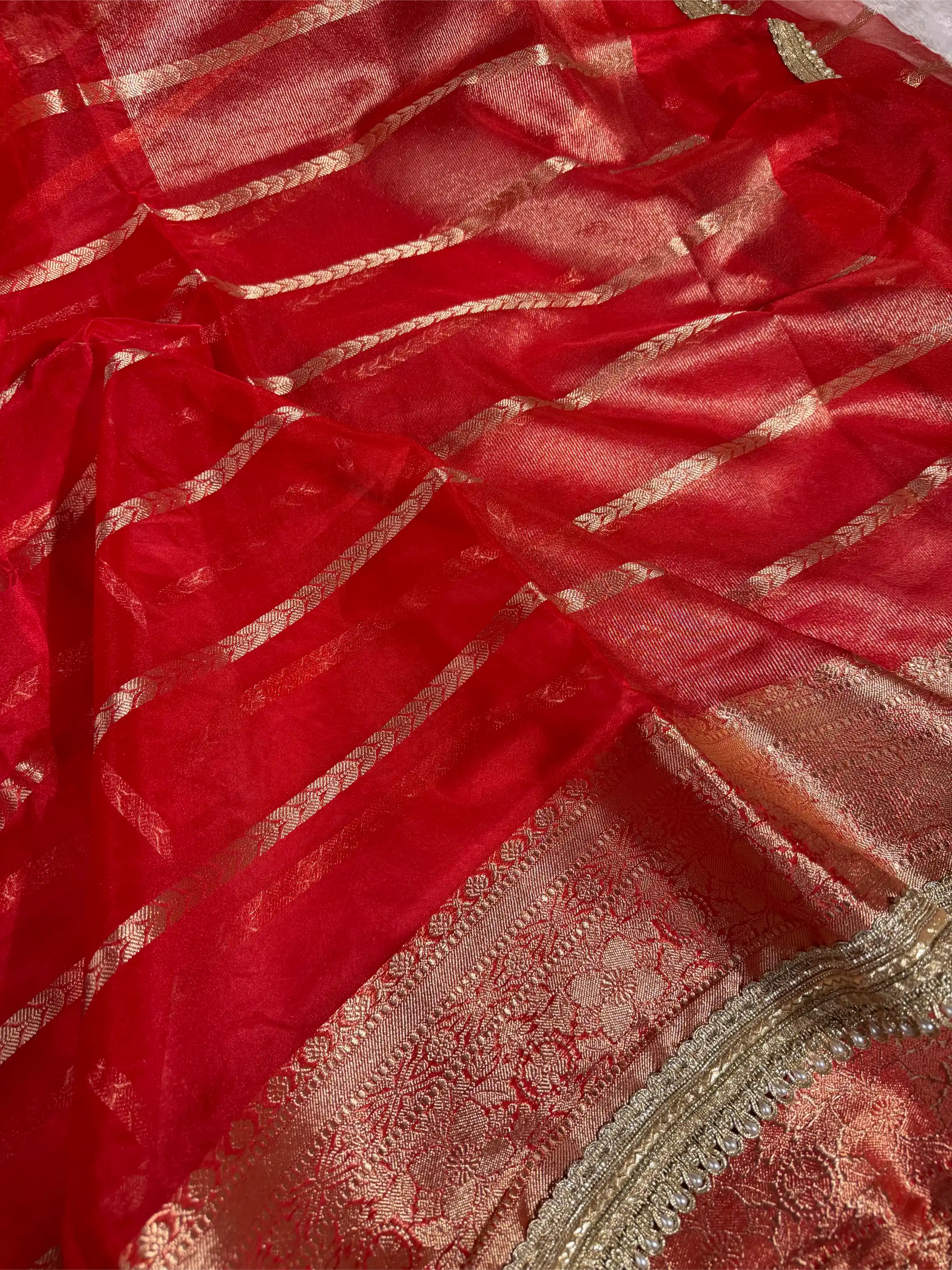 Bridal Red Kora Organza Silk Heavy Lace Work Banarasi Saree