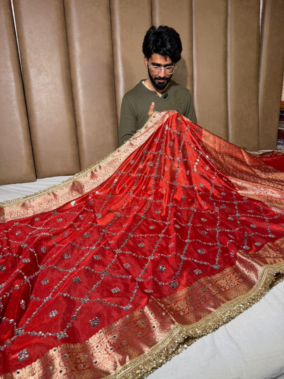Bridal Red Kora Tissue Mirror Work Banarasi Saree