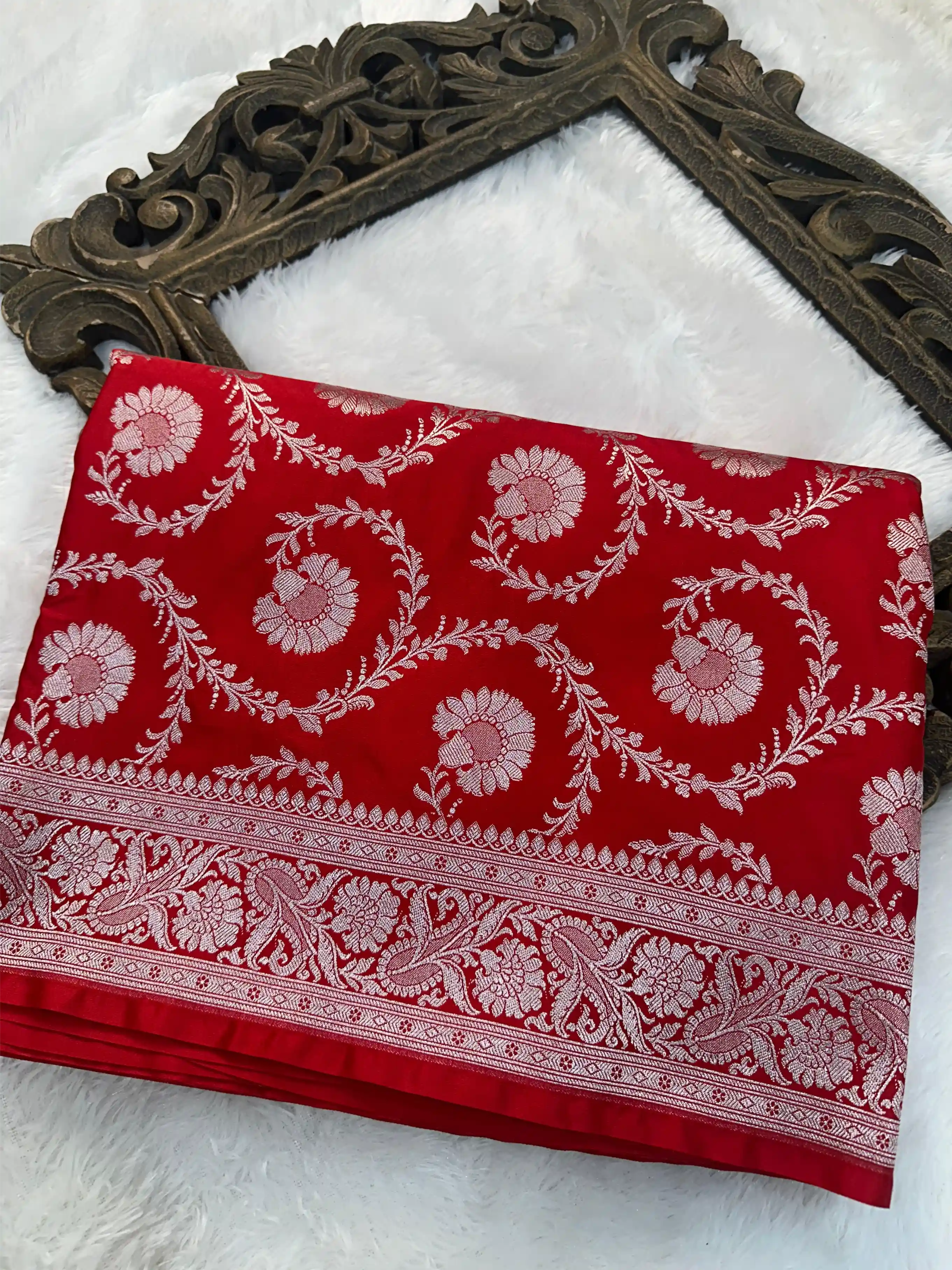 Bridal Red Mashru Katan Floral Intricate Weave Silk Saree