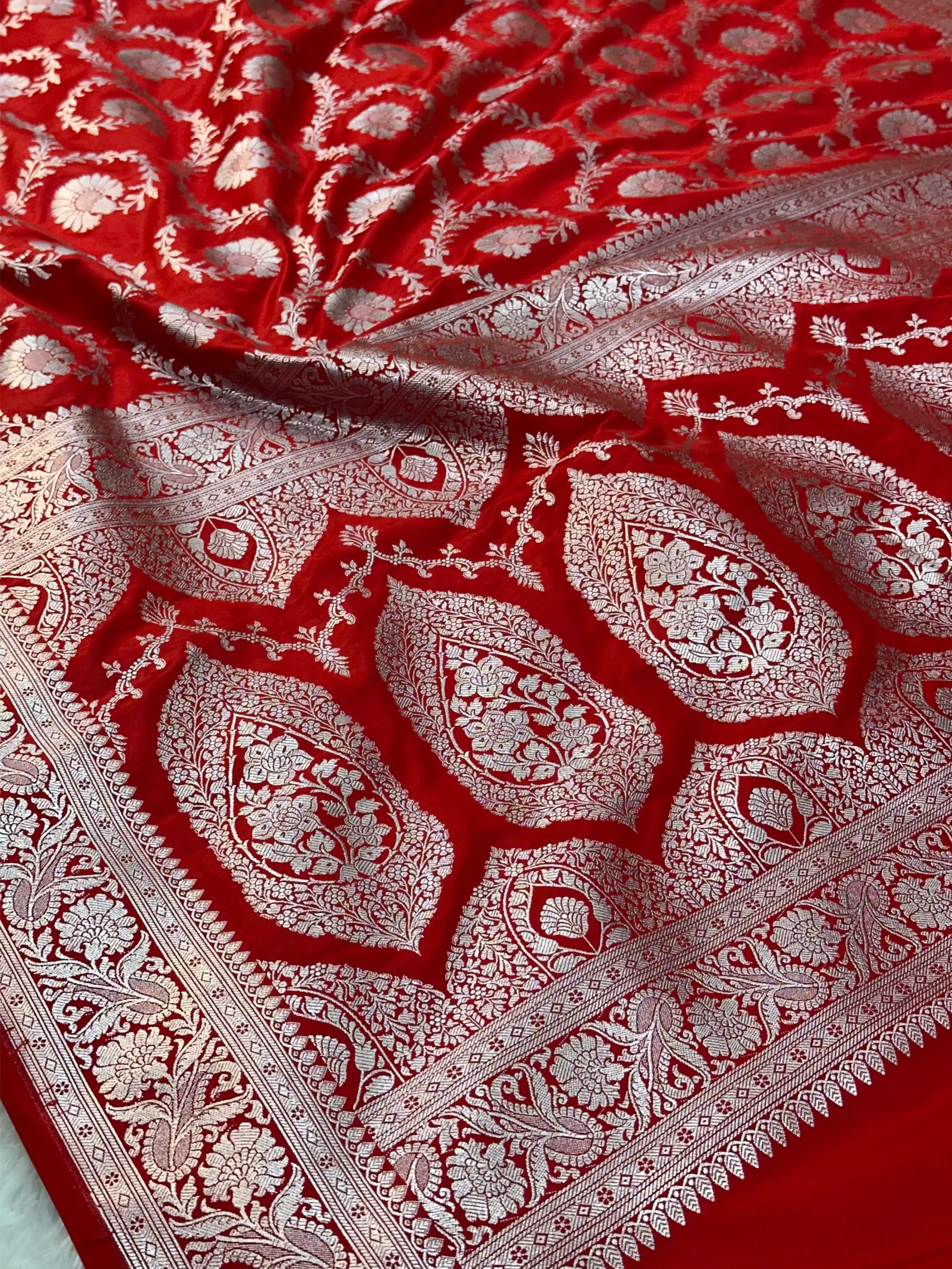Bridal Red Mashru Katan Floral Intricate Weave Silk Saree