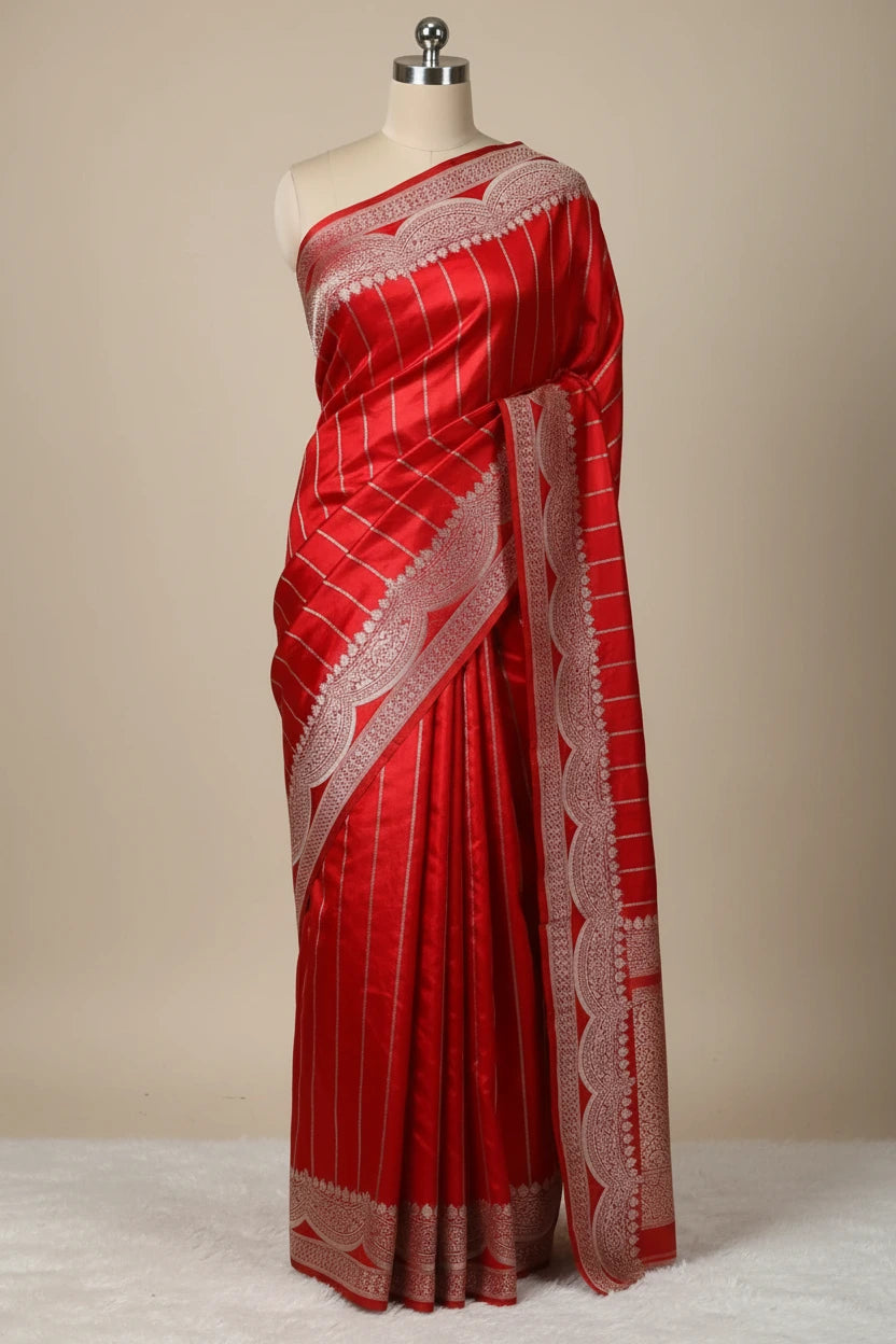 Bridal Red Mashru Katan Silk Contemporary Weave Banarasi Saree