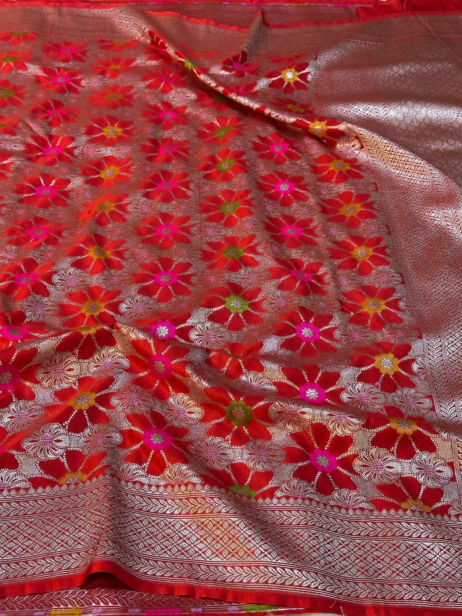 Bridal Red Mashru Katan Silk Eccentric Meenakari Banarasi Saree
