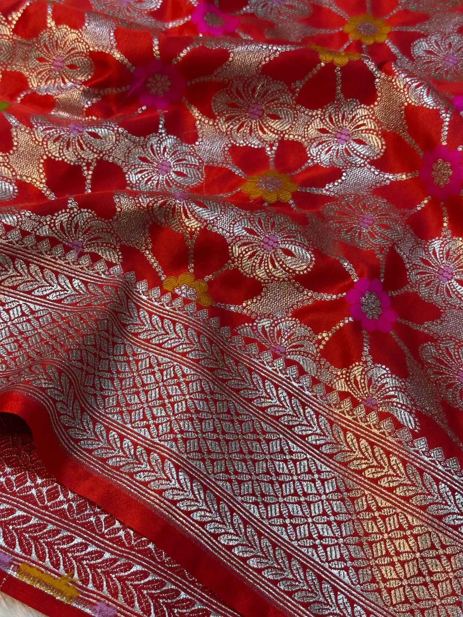 Bridal Red Mashru Katan Silk Eccentric Meenakari Banarasi Saree