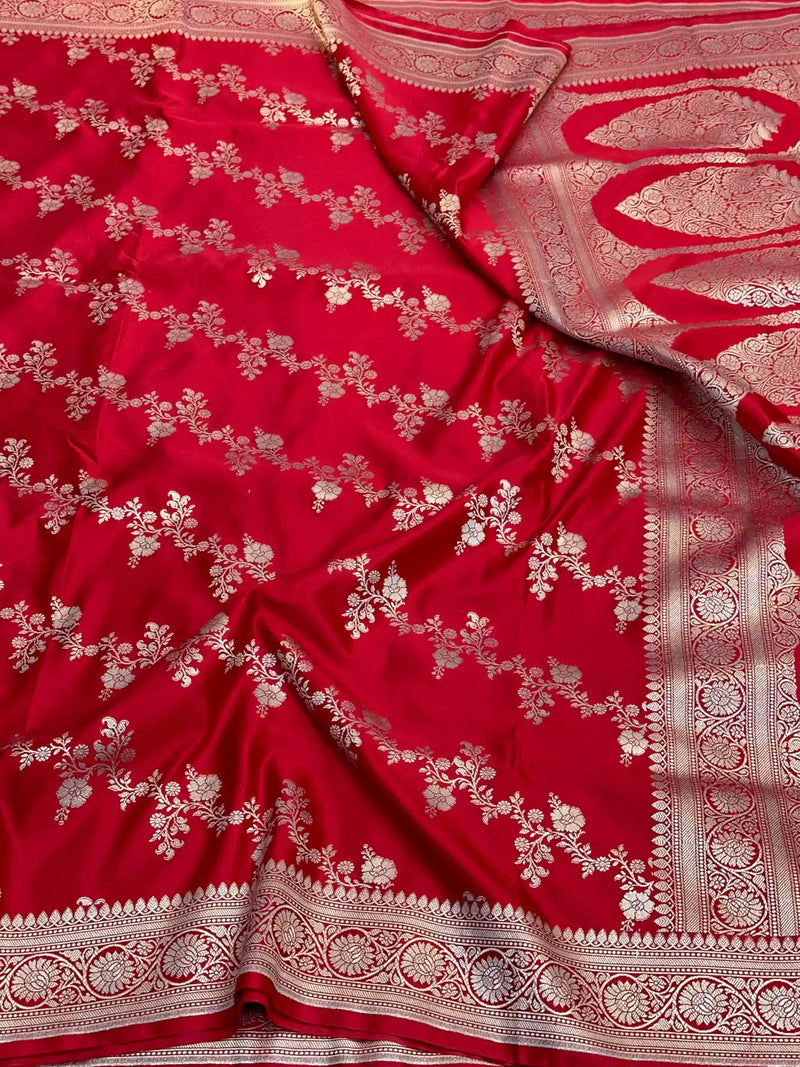 Bridal Red Mashru Katan Silk Leheriya Weave Banarasi Saree