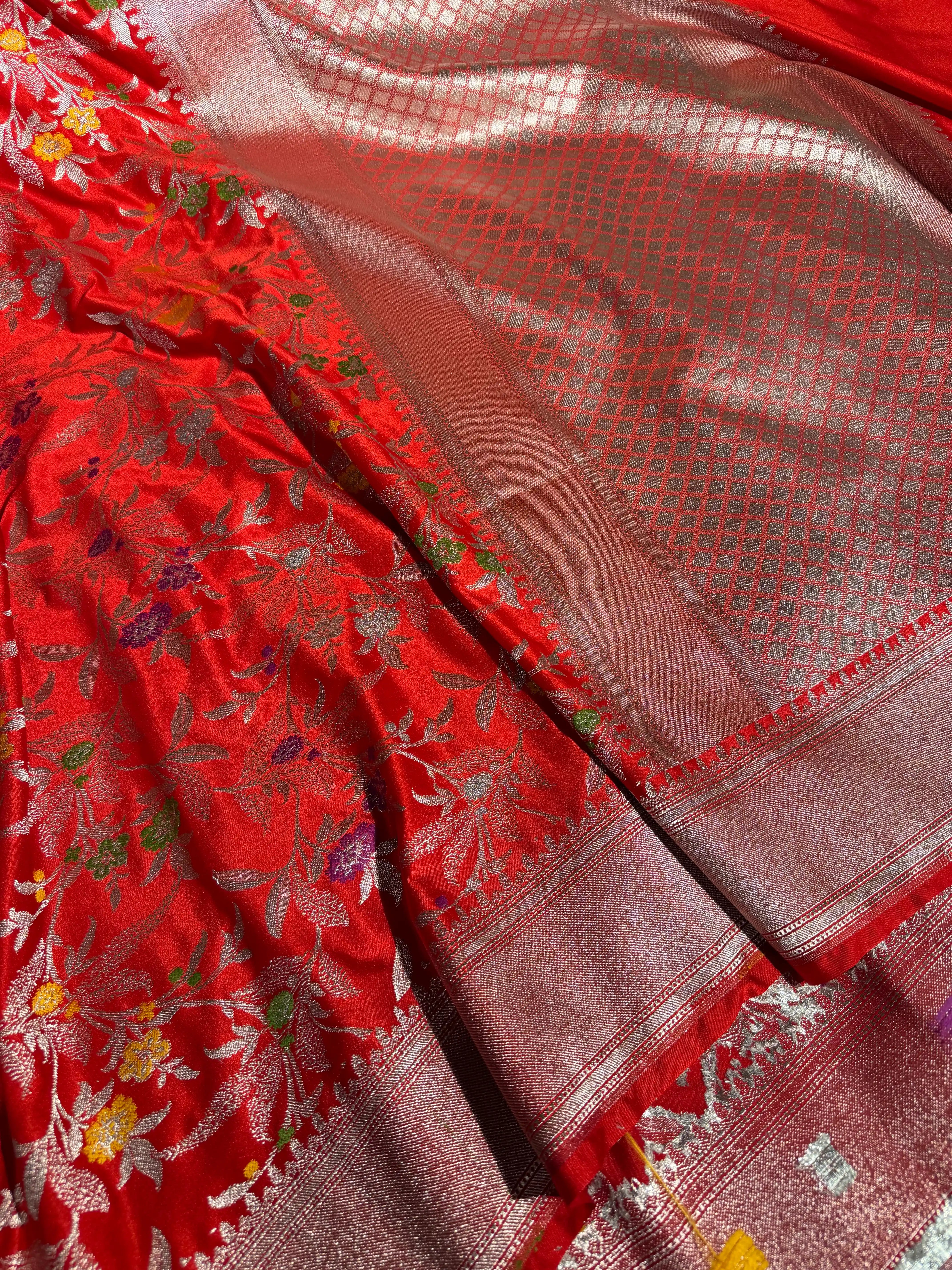 Bridal Red Mashru Katan Silk Meenakari Intricate Weave Banarasi Saree