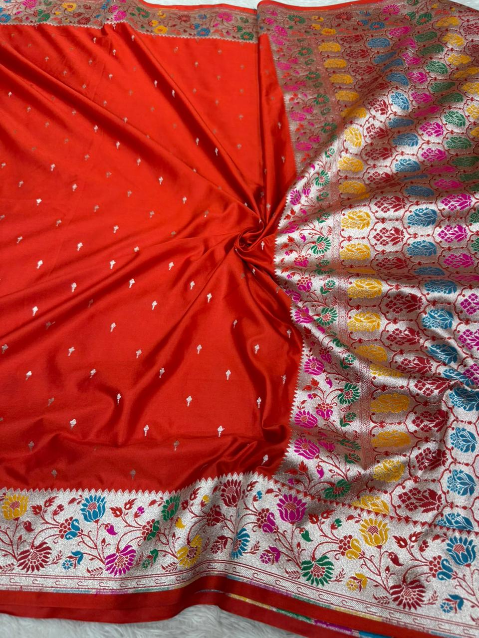 Bridal Red Mashru Katan Silk Paithani Banarasi Saree 