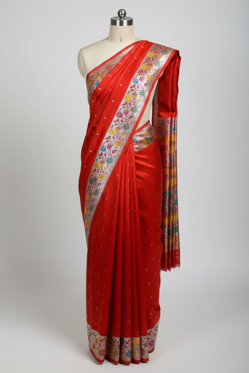 Bridal Red Mashru Katan Silk Paithani Banarasi Saree