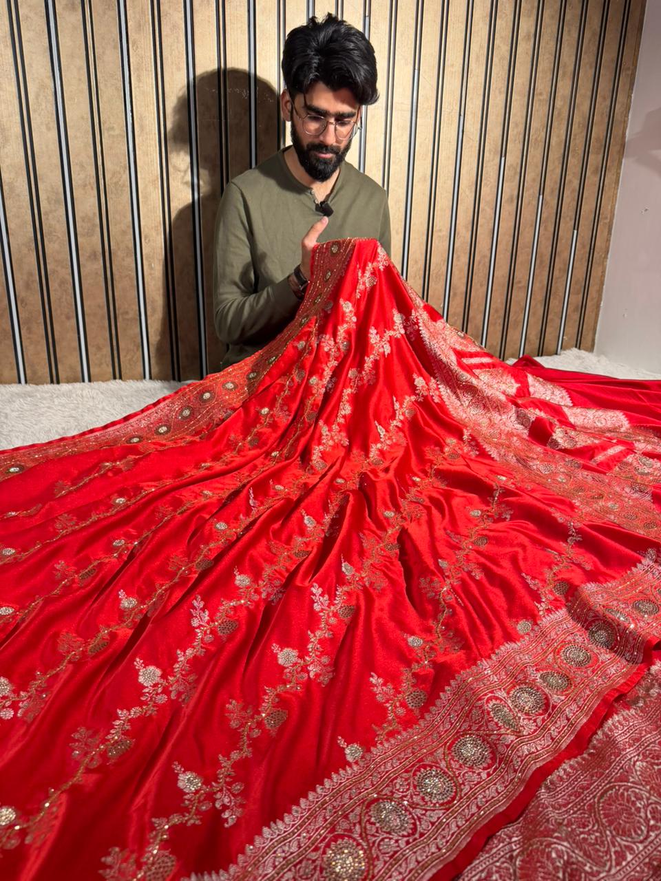 Bridal Red Mashru Katan Silk Swarovski Handwork Saree