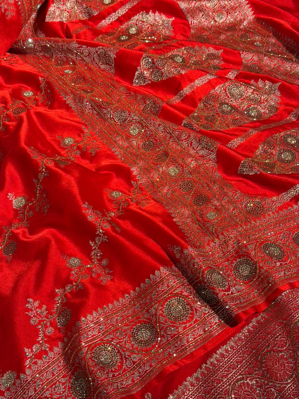 Bridal Red Mashru Katan Silk Swarovski Handwork Saree