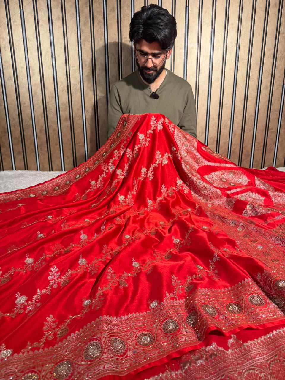 Bridal Red Mashru Katan Silk Swarovski Handwork Saree