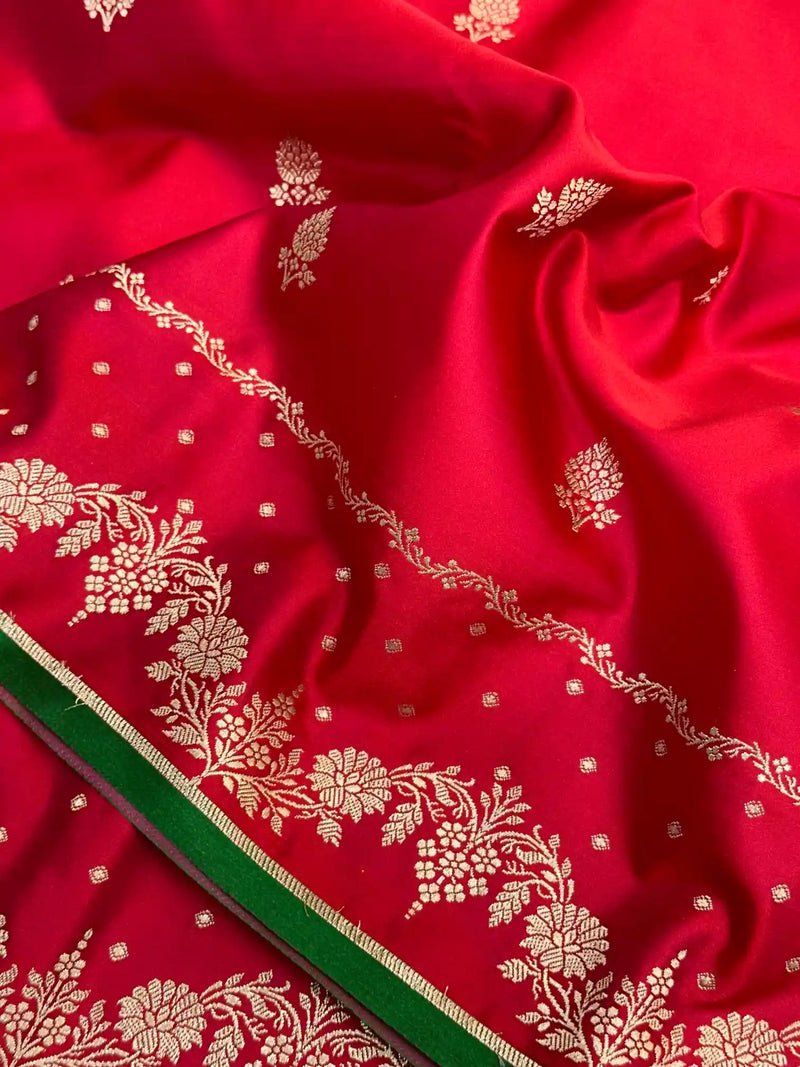 Bridal Red Mashru Katan Silk Tanchui Banarasi Saree