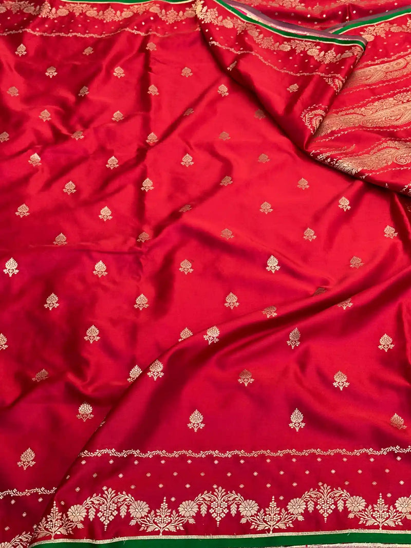 Bridal Red Mashru Katan Silk Tanchui Banarasi Saree