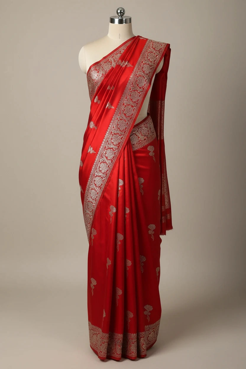 Bridal Red Mashru Katan Silk Zari Floral Butis Banarasi Saree