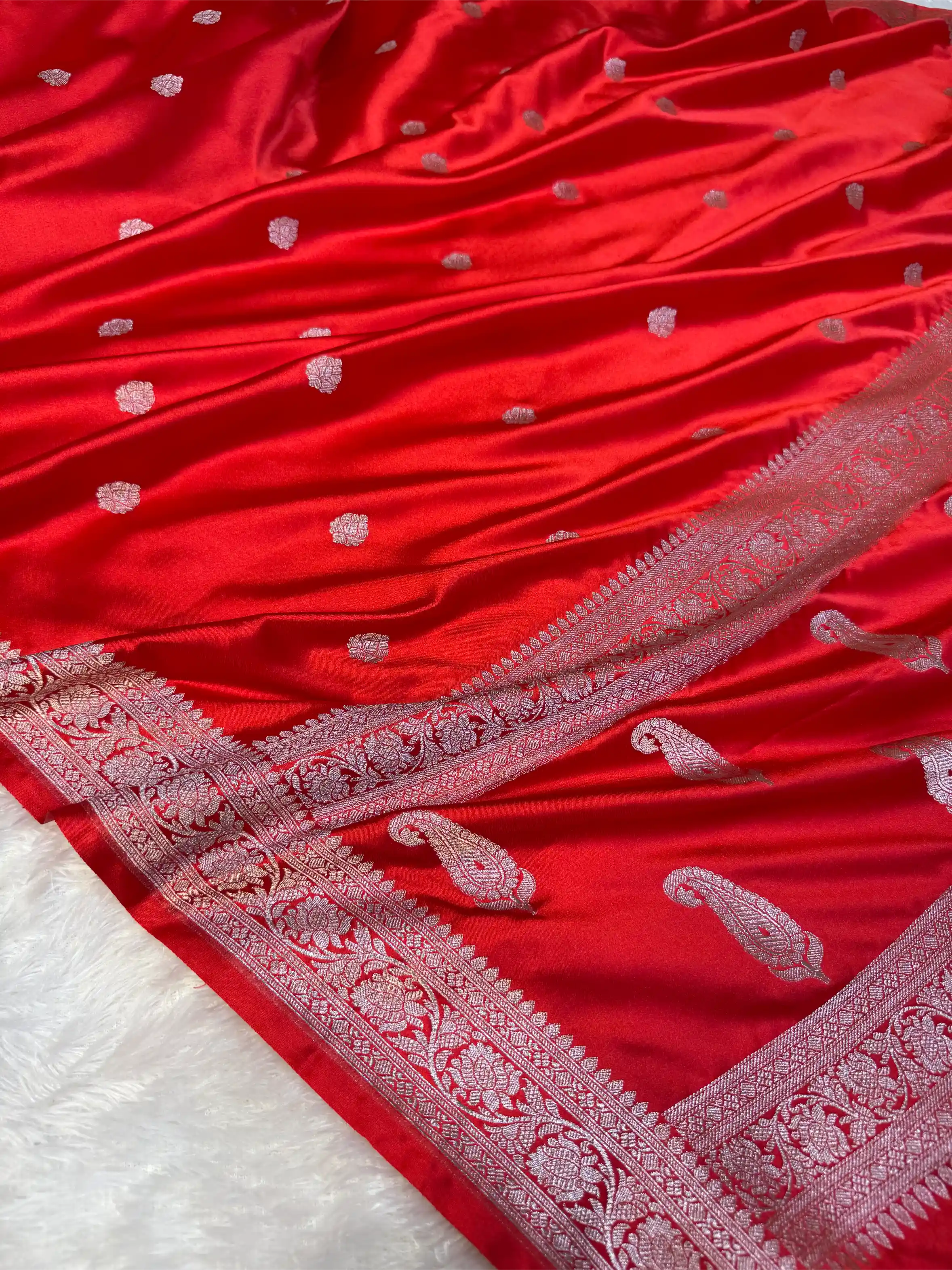 Bridal Red Mashru Katan Silver Zari Khaddi Buti Concept Banarasi Saree