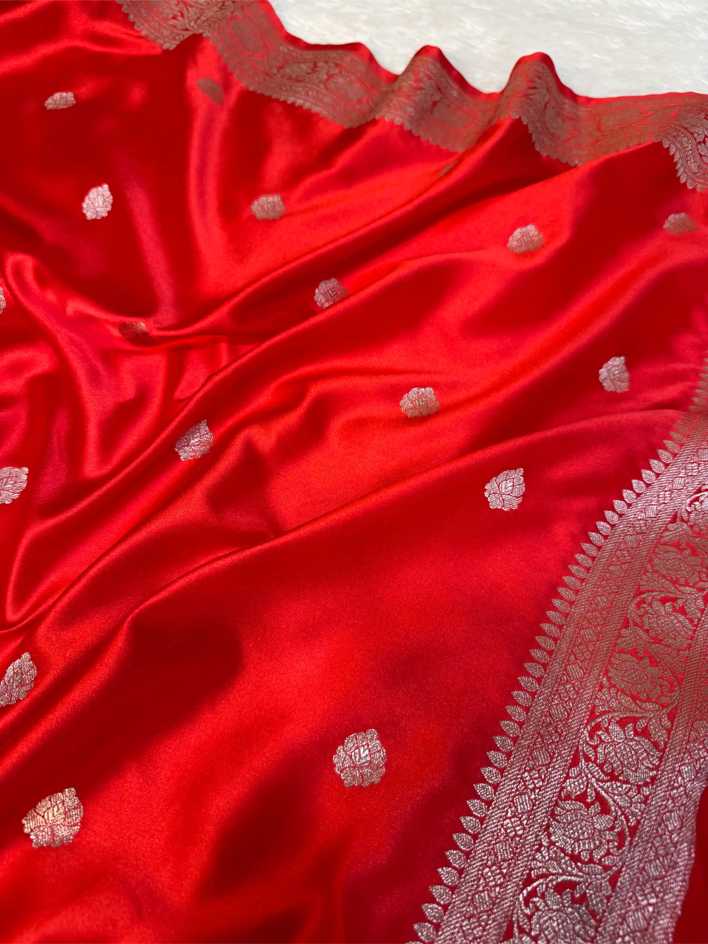 Bridal Red Mashru Katan Silver Zari Khaddi Buti Concept Banarasi Saree