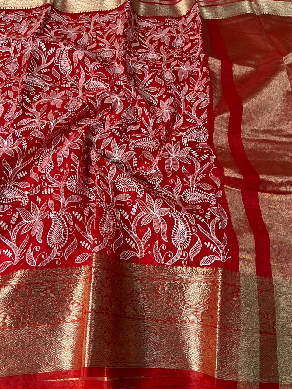 Bridal Red Organza Silk Chikankari Work Banarasi Saree
