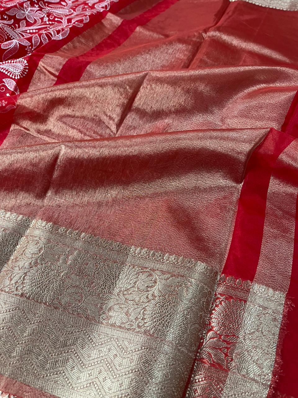 Bridal Red Organza Silk Chikankari Work Banarasi Saree