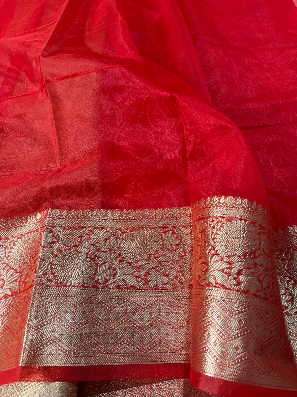 Bridal Red Organza Silk Chikankari Work Banarasi Saree