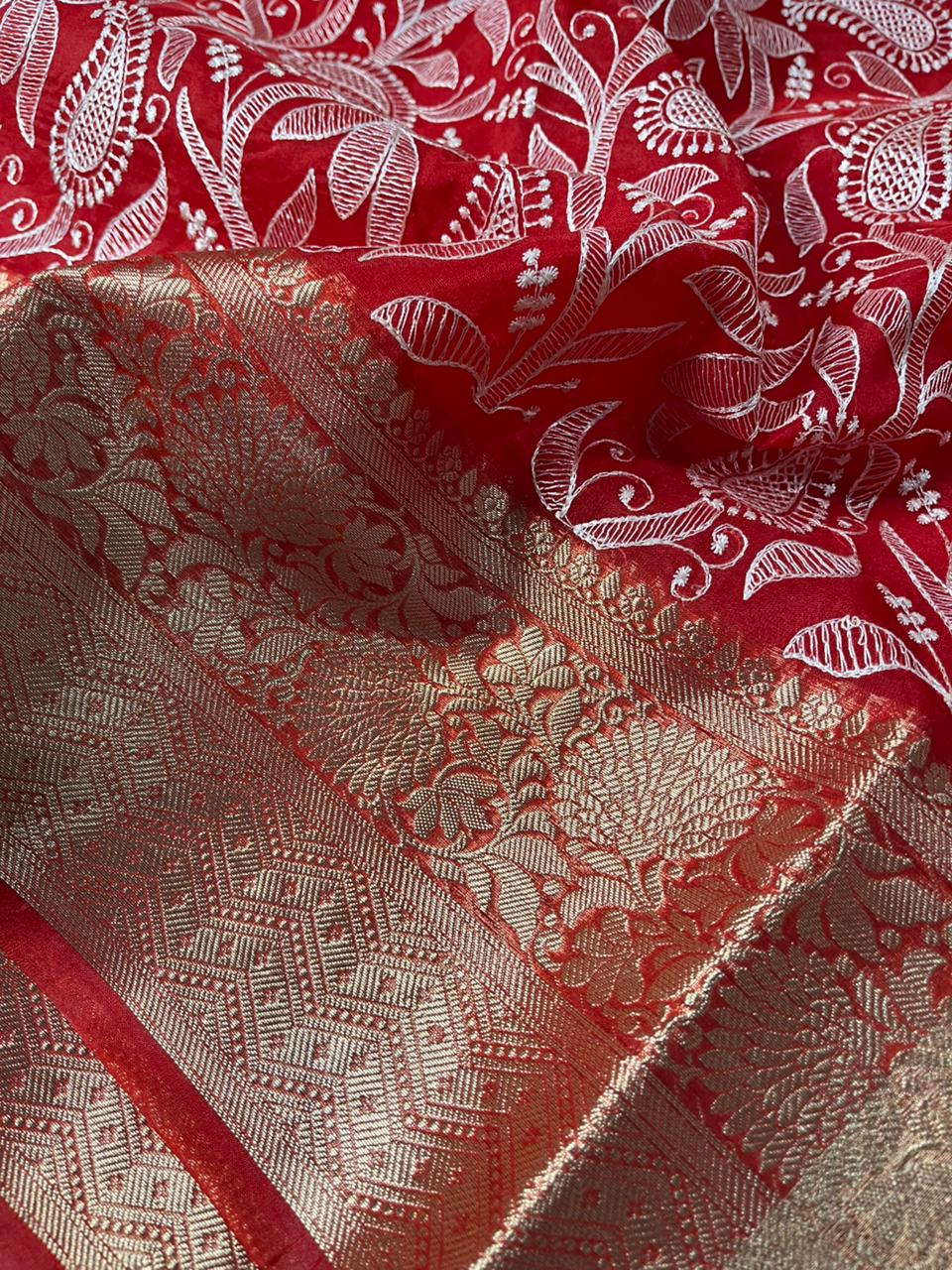 Bridal Red Organza Silk Chikankari Work Banarasi Saree