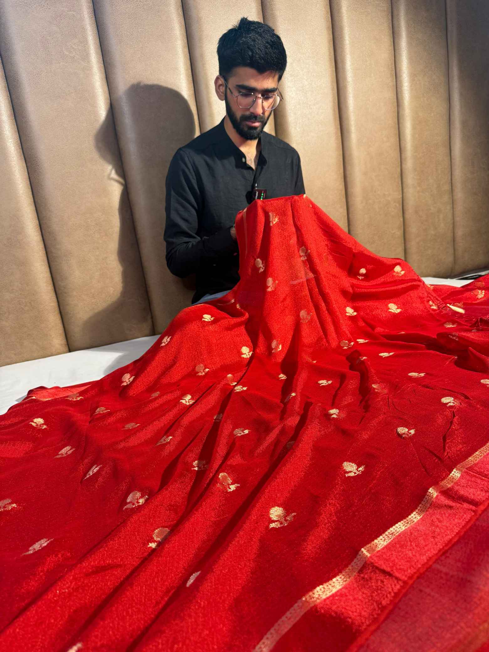 Bridal Red Premium Viscose Georgette Banarasi Saree with Handmade Beautiful Tassles at Pallu