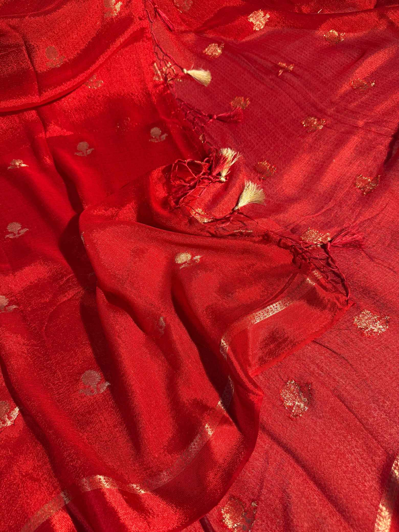 Bridal Red Premium Viscose Georgette Banarasi Saree with Handmade Beautiful Tassles at Pallu