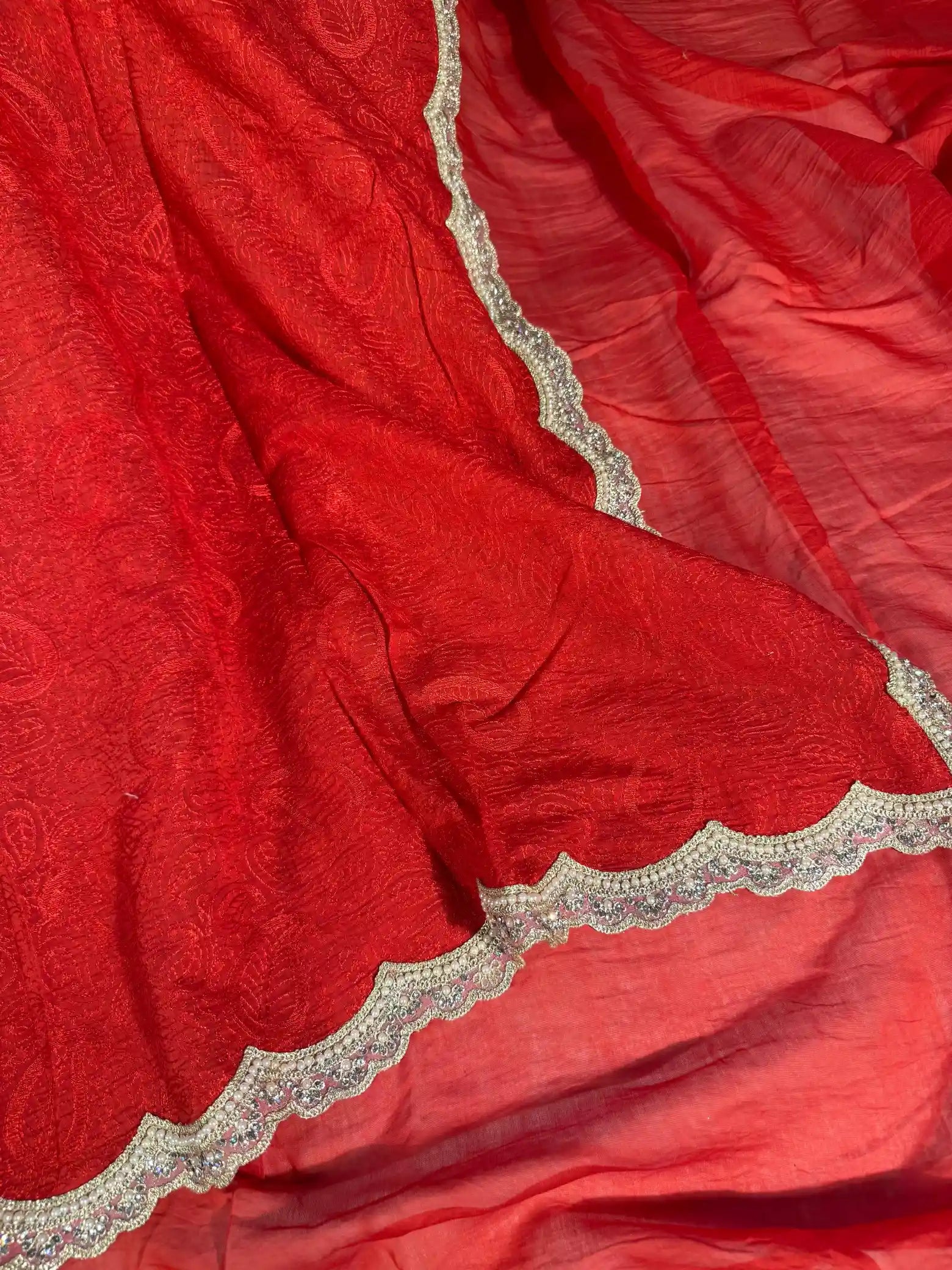 Bridal Red Pure Mul Cotton Silk Chikankari Embroidery Banarasi Saree