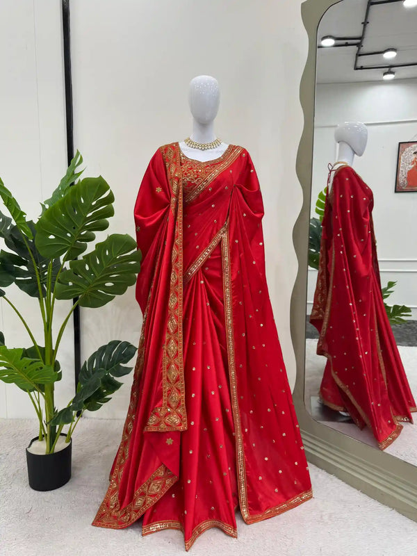 Bridal Red Satin Crepe Silk Saree with Beautiful Red Dupatta